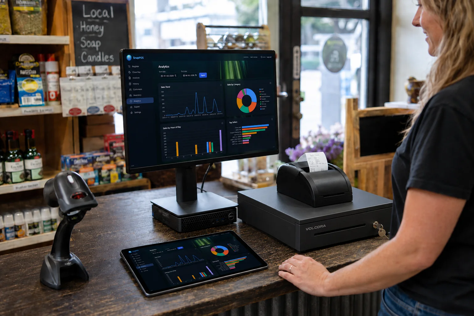 SnapPOS funcionando en el mostrador de una tienda: un monitor con la pantalla de Analítica, un lector de código de barras, una impresora de recibos imprimiendo, un cajón de dinero y una tableta con la misma aplicación al lado.