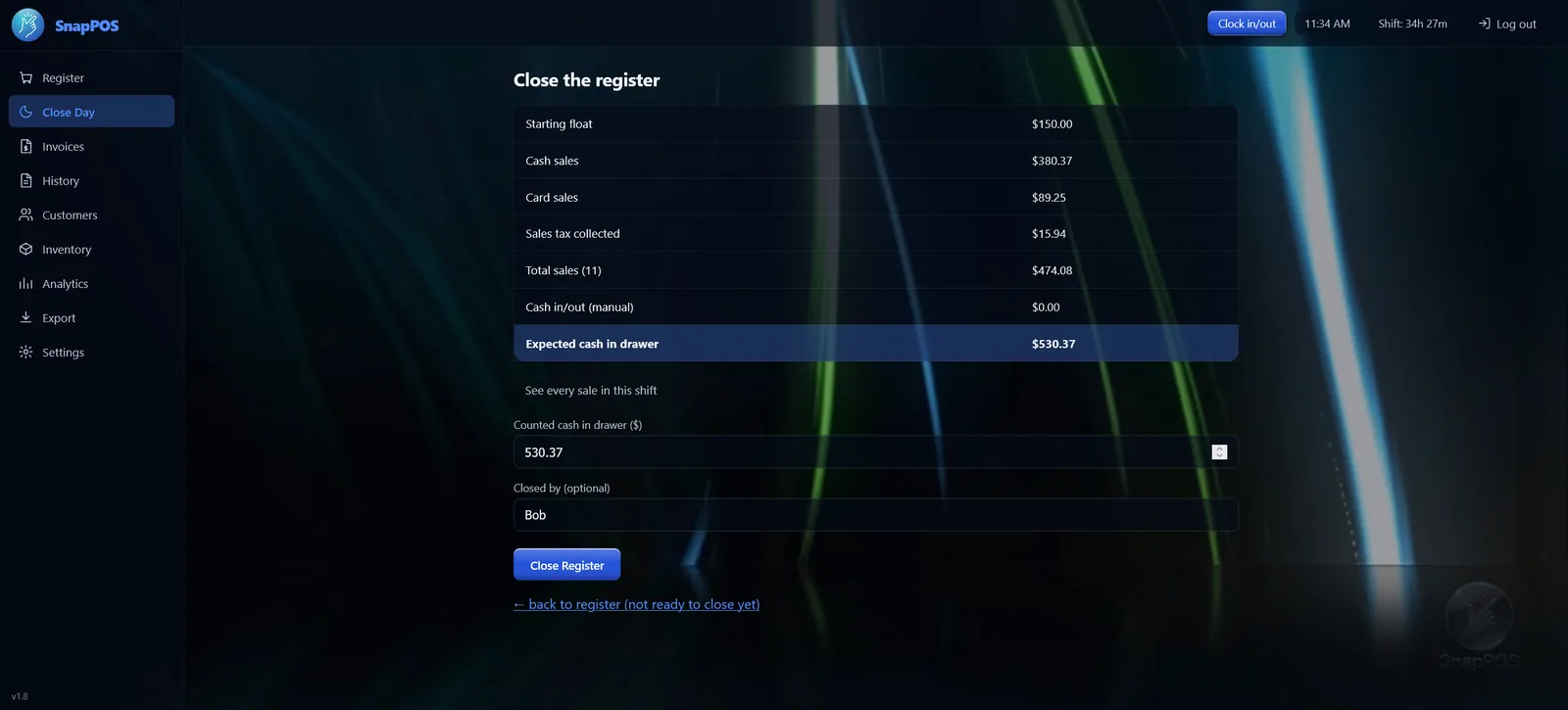 The Close Day screen reconciling counted cash against the expected amount.