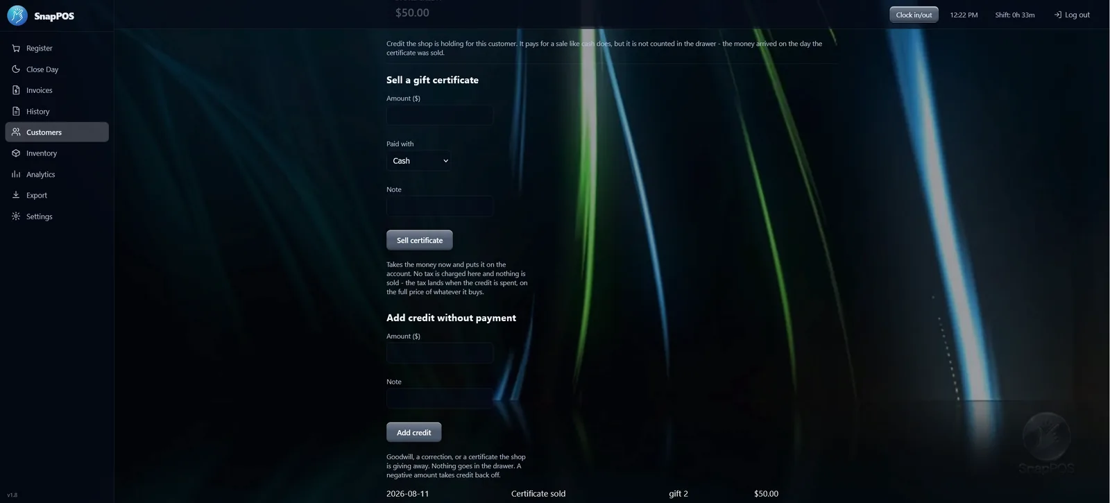 Selling a gift certificate on a customer account, and adding store credit without a payment.