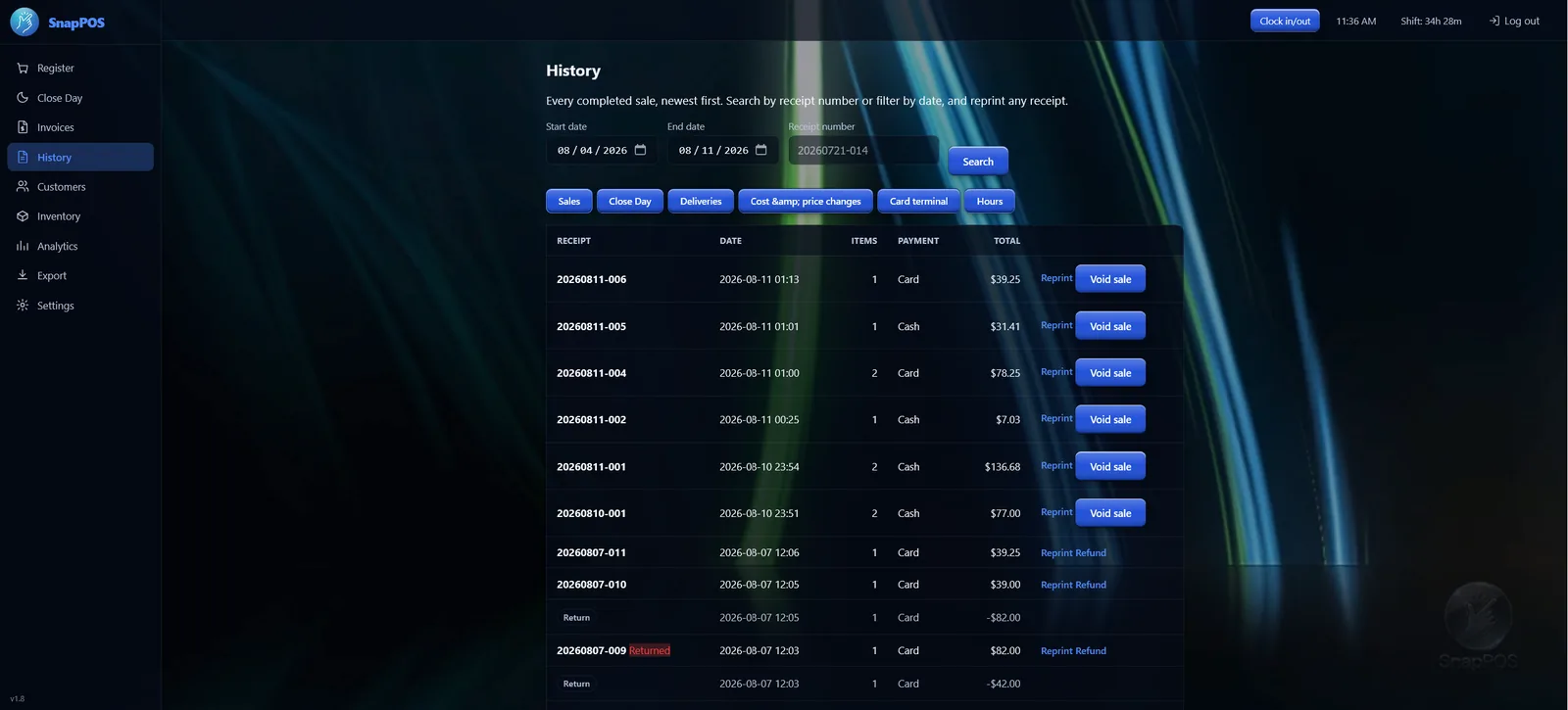 Sales history listing completed sales with receipt number, time, payment type and total.