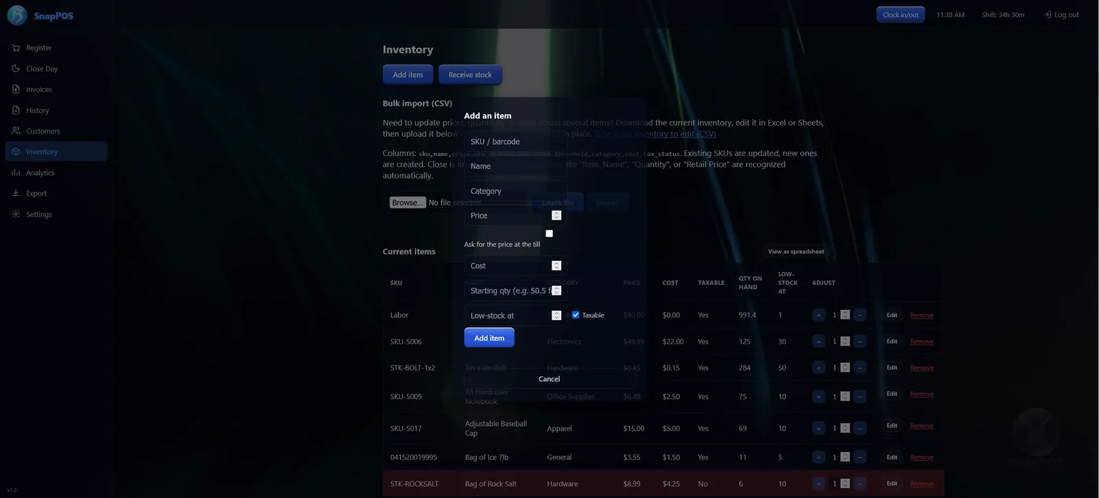 The add-item dialog with SKU, name, category, price, cost and starting quantity.