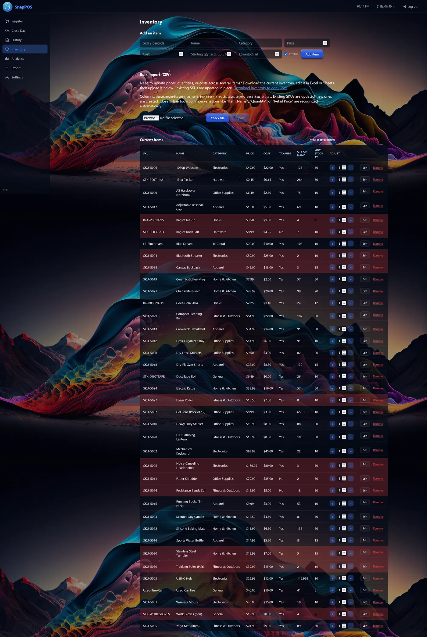 La pantalla de inventario de SnapPOS con productos, cantidades y precios.