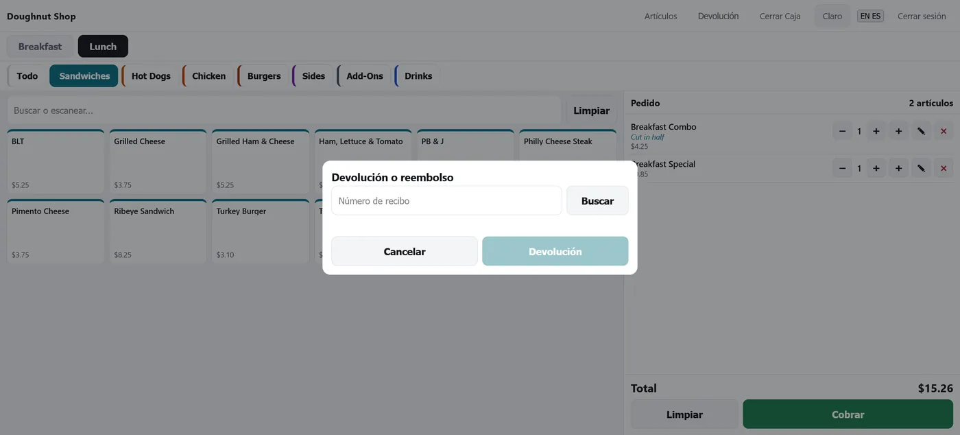 El diálogo de devolución y reembolso pidiendo un número de recibo para buscarlo.