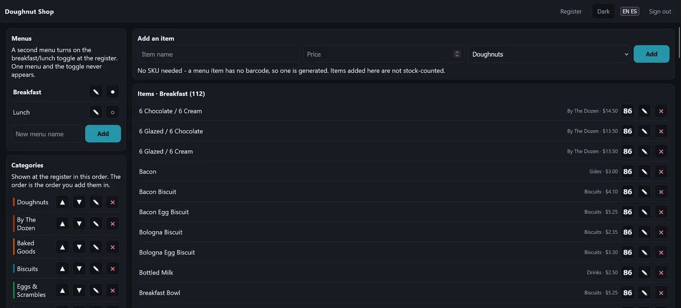 The same items screen in dark mode, showing menus, categories and the item list.
