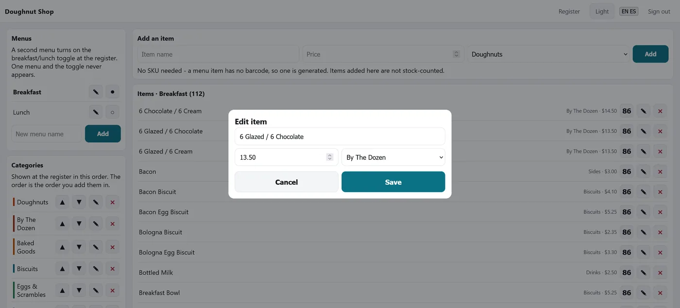 The items screen with menus, ordered categories and an edit dialog for a By The Dozen item.
