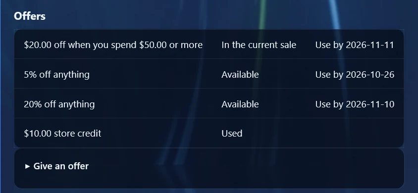 A customer's Offers list: $20 off when you spend $50 in the current sale, two percent-off offers available, and a store credit already used.