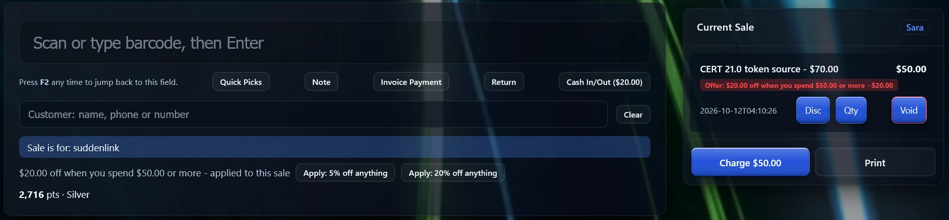 The register with a customer attached: a $20-off-when-you-spend-$50 offer applied to the sale, Apply buttons for two more offers, and the discount labelled with the offer on the line.